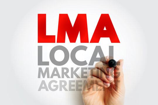 LMA Local Marketing Agreement acronym handwritten. Media, advertising, and broadcasting concept symbolizing cooperation between local businesses and marketing partners