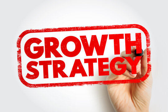 GROWTH STRATEGY stamp displayed as a bold headline marked by a hand, emphasizing planning, progress, improvement, and business development, suitable for strategic branding visuals