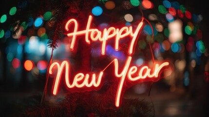 Vibrant red neon sign spelling happy new year with a bokeh background of colorful festive lights