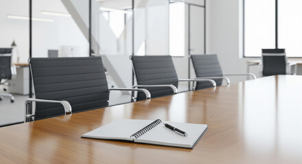  A pristine, empty modern office conference table, with three sleek, comfortable office chairs arranged around it. A single, clean notebook and pen are placed centrally. The background is a soft-focus