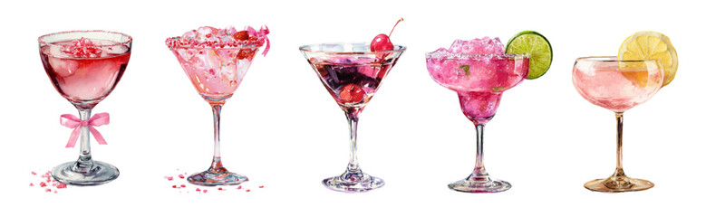 Watercolor set of whimsical cocktails. Glasses with alcoholic drinks. Set of pink cocktails with cherry, lime, ice, etc. Vintage bar elements. Alcoholic drinks coquette.