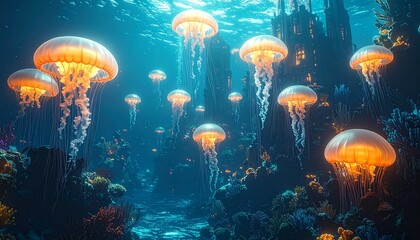 Underwater ballet of jellyfish in a surreal coral garden, glowing orange against the deep blue ocean backdrop