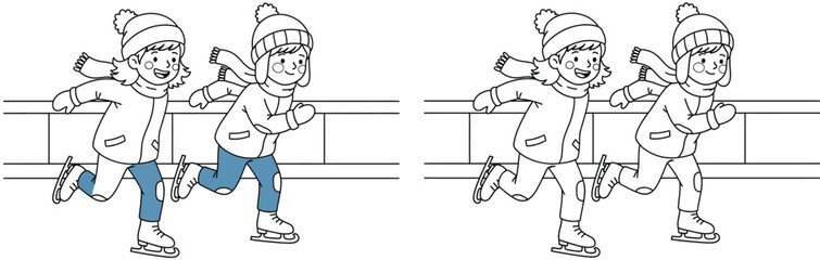 Vector illustration of two happy children ice skating in winter. Black and white line art educational activity for kids.