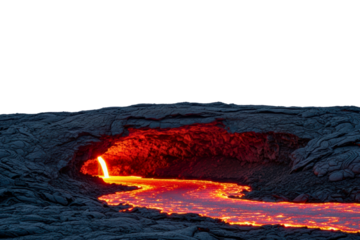 Glowing red lava river flowing through a dark volcanic cave isolated on transparent background