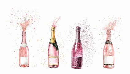 Set of watercolor champagne bottles. Sparkling wine and rose wine bottles with splashes and glitter. festive bottles with sparkling wine and splashes. Party and celebration drinks. © Narin