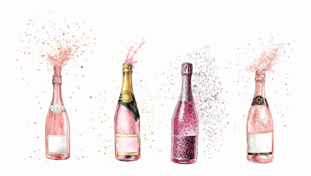 Set of watercolor champagne bottles. Sparkling wine and rose wine bottles with splashes and glitter. festive bottles with sparkling wine and splashes. Party and celebration drinks.