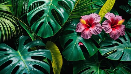 Precise architectural color photography of realistic tropical flora close-up, featuring monstera, banana leaves, palm, and hibiscus flowers. Moist leaf texture, morning dew, vivid natural colors