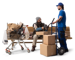 Homeless Man Receiving Delivery on Bench with Shopping Cart on White Background