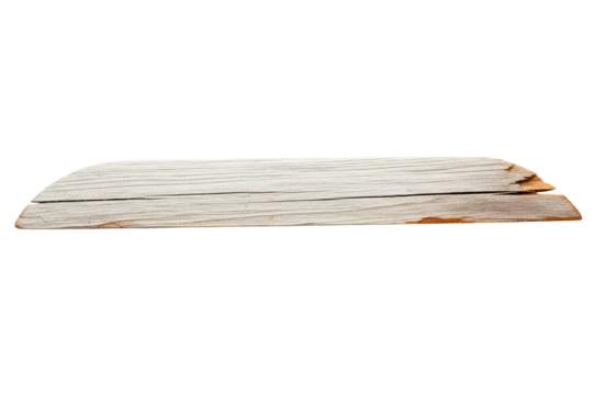 Weathered white wooden plank with rough texture and splintered ends isolated on transparent background