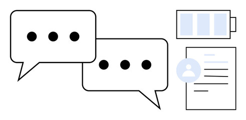 Speech bubbles represent messages a document with a user profile and progress bar conveys collaboration and task management. Ideal for messaging, productivity, user interface, chat platforms