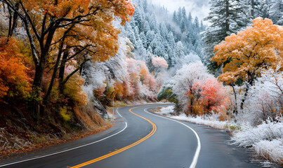 A scenic road showcasing both autumn and winter, with colorful fall leaves blending into frosted trees and a serene seasonal transition.