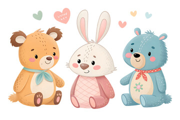 A cute collection of soft plush toys illustrated in a friendly, childlike style. Each toy is hand-designed with gentle colors and smooth shapes, perfect for children's designs, nursery prints, educati