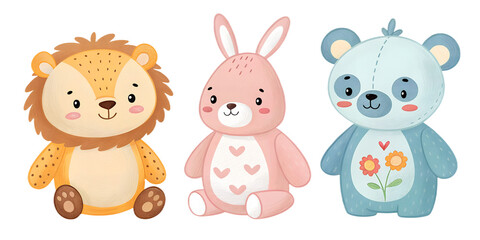 A cute collection of soft plush toys illustrated in a friendly, childlike style. Each toy is hand-designed with gentle colors and smooth shapes, perfect for children's designs, nursery prints, educati