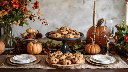 Fresh homemade chocolate chip cookies arranged on a plate with a glass of milk, surrounded by pumpkins