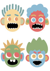 A set of four colorful cartoon monster faces. Perfect for children's designs, stickers, apps, or any project needing cute, expressive creature characters.