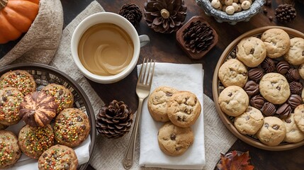 Cookies and coffee on a wooden table decorated in autumn style.