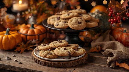 Fresh homemade chocolate chip cookies arranged on a plate with a glass of milk, surrounded by pumpkins, autumn leaves