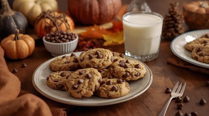 Fresh homemade chocolate chip cookies arranged on a plate with a glass of milk, surrounded by pumpkins, autumn leaves, chocolate chips, and warm fall décor.