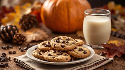 Chocolate Chip Cookies with Milk on Rustic Thanksgiving Table