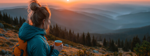 Young woman with coffee cup on mountain top at sunrise, enjoying valley view. Perfect for banner with text space