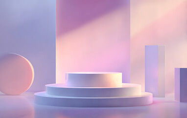 Fototapeta premium Abstract scene with soft pink and purple lighting highlighting a minimalist podium and sleek geometric shapes.