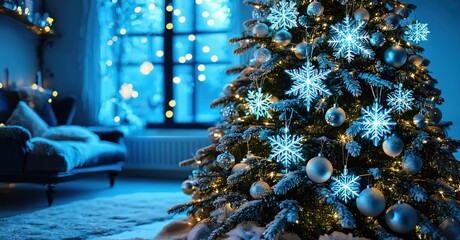 Festive interior scene. Christmas tree dominates room, illuminated with cool blue lights, snowflakes, ornaments. Cozy sofa visible near window.