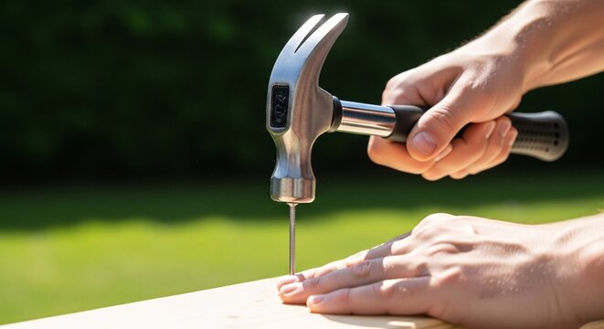 Precision Construction Building Professionalism with Hammer and Nail Focused Expertise Skillful Craftsmanship Strong Hands Accurate Work Perfect Results Precise Task