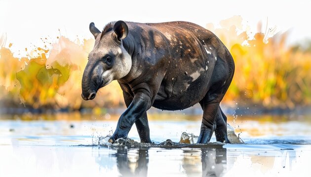 A tapir walking in water promotes wildlife protection ideas. This image connects to conservation campaigns and ecological storytelling