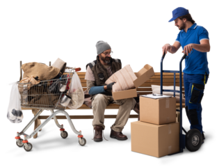 Homeless Man Receiving Delivery on Bench with Shopping Cart on White Background