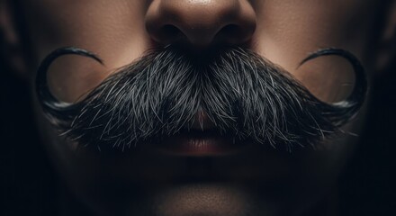 Close up portrait of stylish man with groomed handlebar mustache. Dramatic lighting on male face with facial hair. Concept for barbershop, vintage fashion, masculinity and Movember health care.