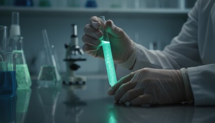 Scientist in protective glove examines glowing green solution in test tube among lab glassware at night symbolizing biotech discovery and futuristic healthcare