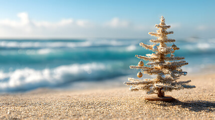 Adorable small Christmas tree decorated on a sandy beach, with ocean waves in the background and ample copy space for text.