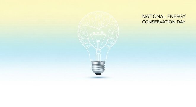 National Energy Conservation Day banner with creative light bulb outline containing tree branches. Green power concept for ecological sustainability and renewable electricity saving awareness.