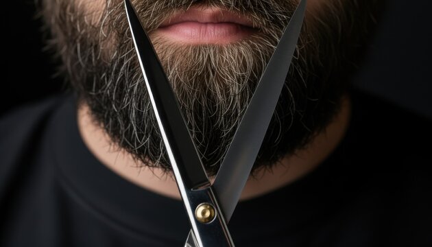 Close up view of sharp professional barber scissors held open in a V-shape near a man's thick, full beard. Concept for precision trimming, masculine style, and facial hair grooming service. - Powered by Adobe