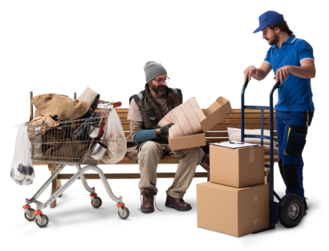 Homeless Man Receiving Delivery on Bench with Shopping Cart on White Background
