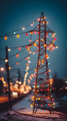 Adorable holiday-decorated pylon adorned with colorful festive lights, glowing warmly in a winter setting with ample copy space.