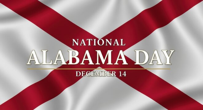National Alabama Day banner (December 14) with realistic wavy texture of the state flag. Concept for US holiday, patriotic event, regional pride and American culture celebration background.