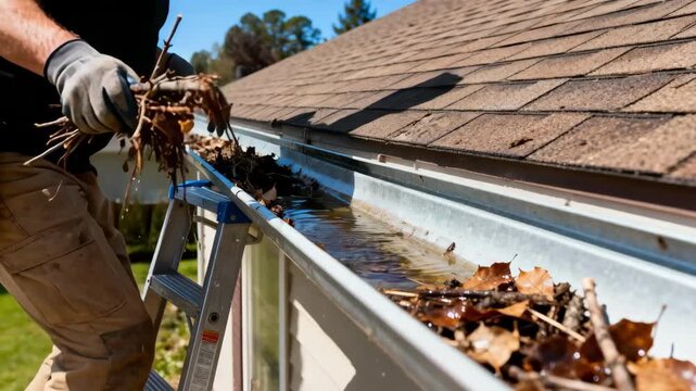 Medium shot of an individual clearing twigs and small branches from a gutter highlighting the importance of debris removal for proper water flow.