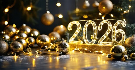 Golden ornaments, lights illuminate year 2026. Festive scene evokes holiday spirit, celebration, warmth. Dark background enhances glow.