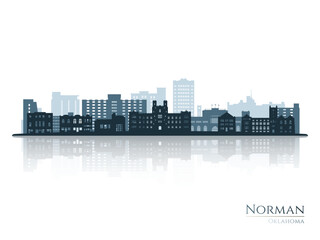 Norman skyline silhouette with reflection. Landscape Norman, Oklahoma. Vector illustration.