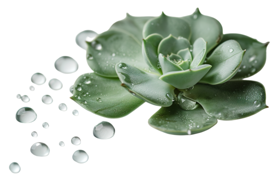 Water droplets rest gently on a green succulent leaf, highlighting the plant's fresh appearance and vibrant color against a clear background, emphasizing its natural beauty