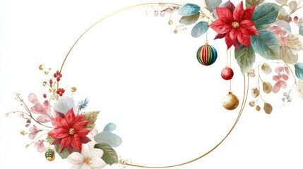 Elegant christmas floral wreath with poinsettias and ornaments on a white background for festive design
