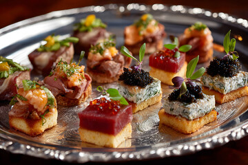 Assorted finger foods elegantly arranged on a shiny silver plate, perfect for parties or appetizers, with attention to detail and presentation.