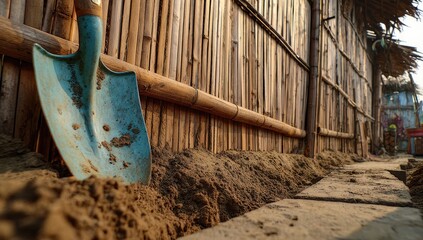 Shovel in sand beside bamboo wall
