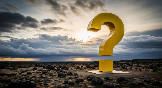 Dramatic golden question mark in vast landscape under stormy sky evokes mystery and inquiry needs answers - Powered by Adobe