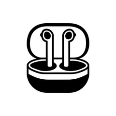 Illustration of wireless earbuds in charging case on transparent background silhouette