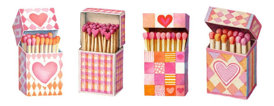 Watercolor set of matchboxes with hearts. Romantic matchboxes with patterns. Romantic elements for Valentine's Day. Hand drawn illustration.