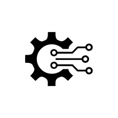 Gear with circuit lines connecting to three nodes on transparent background silhouette