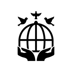 Hands holding birdcage with birds flying around it on transparent background silhouette