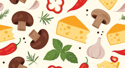 An appetizing design with a repeat pattern of pizza ingredients like cheese garlic and mushrooms.